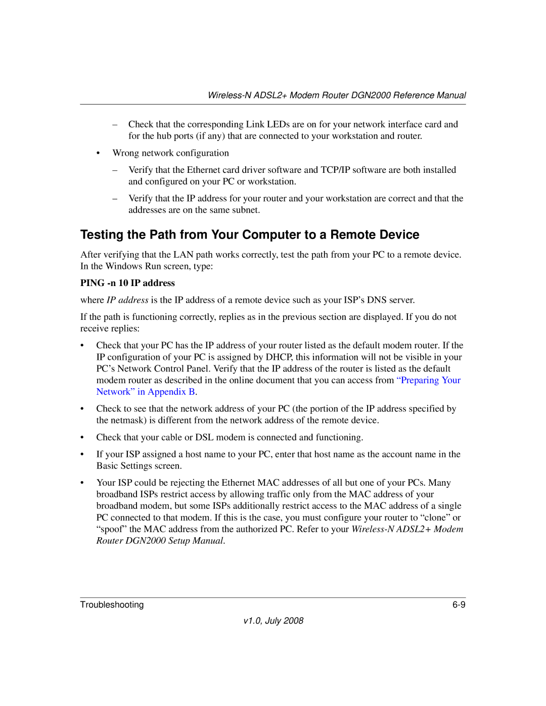 NETGEAR DGN2000 manual Testing the Path from Your Computer to a Remote Device, Ping -n 10 IP address 