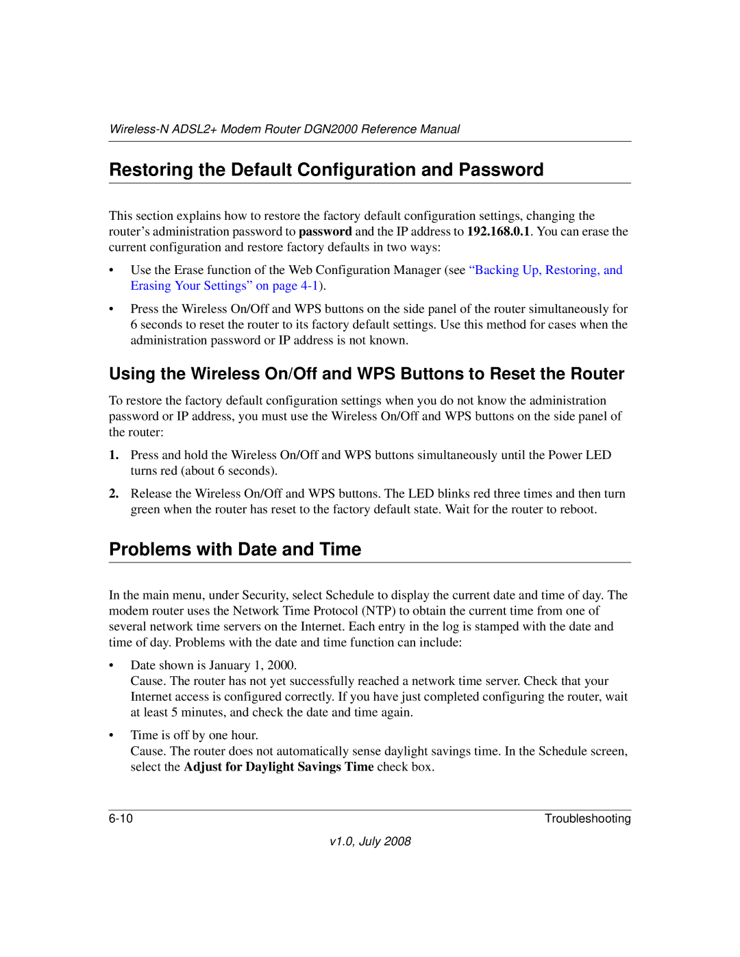 NETGEAR DGN2000 manual Restoring the Default Configuration and Password, Problems with Date and Time 