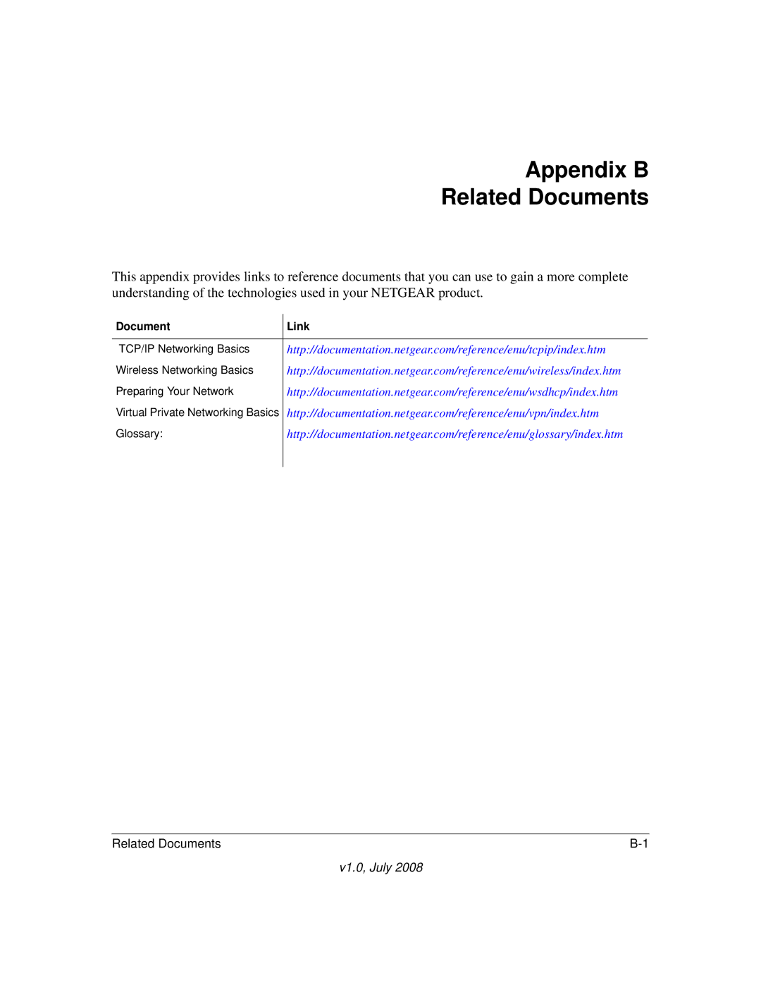 NETGEAR DGN2000 manual Appendix B Related Documents, Document Link 