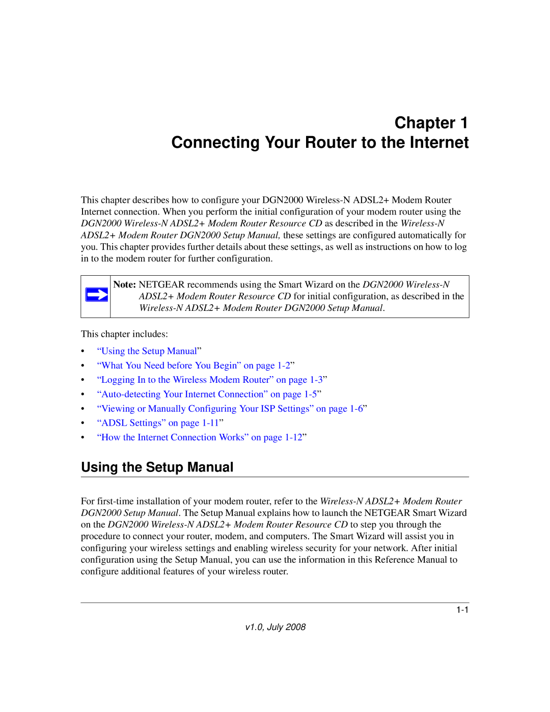 NETGEAR DGN2000 manual Connecting Your Router to the Internet, Using the Setup Manual 