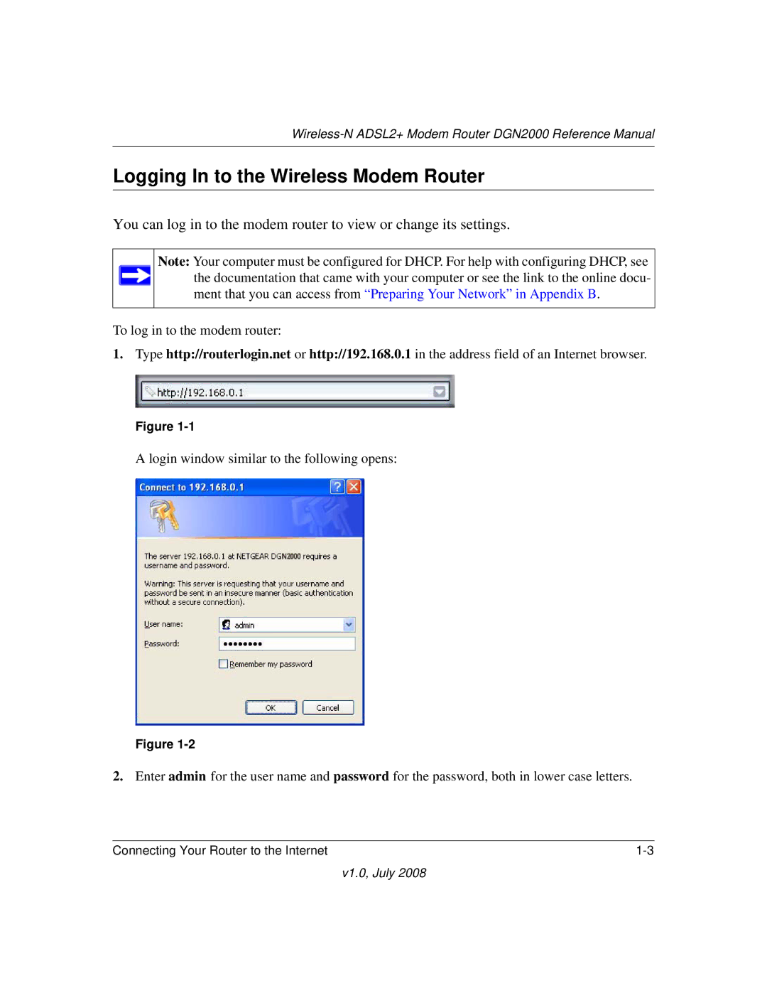 NETGEAR DGN2000 manual Logging In to the Wireless Modem Router 