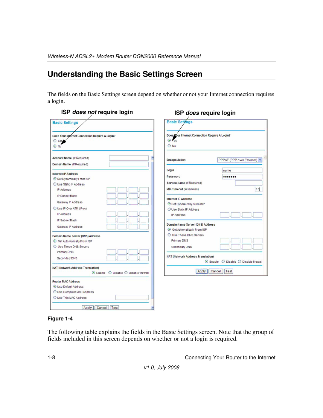 NETGEAR DGN2000 manual Understanding the Basic Settings Screen, ISP does not require login 