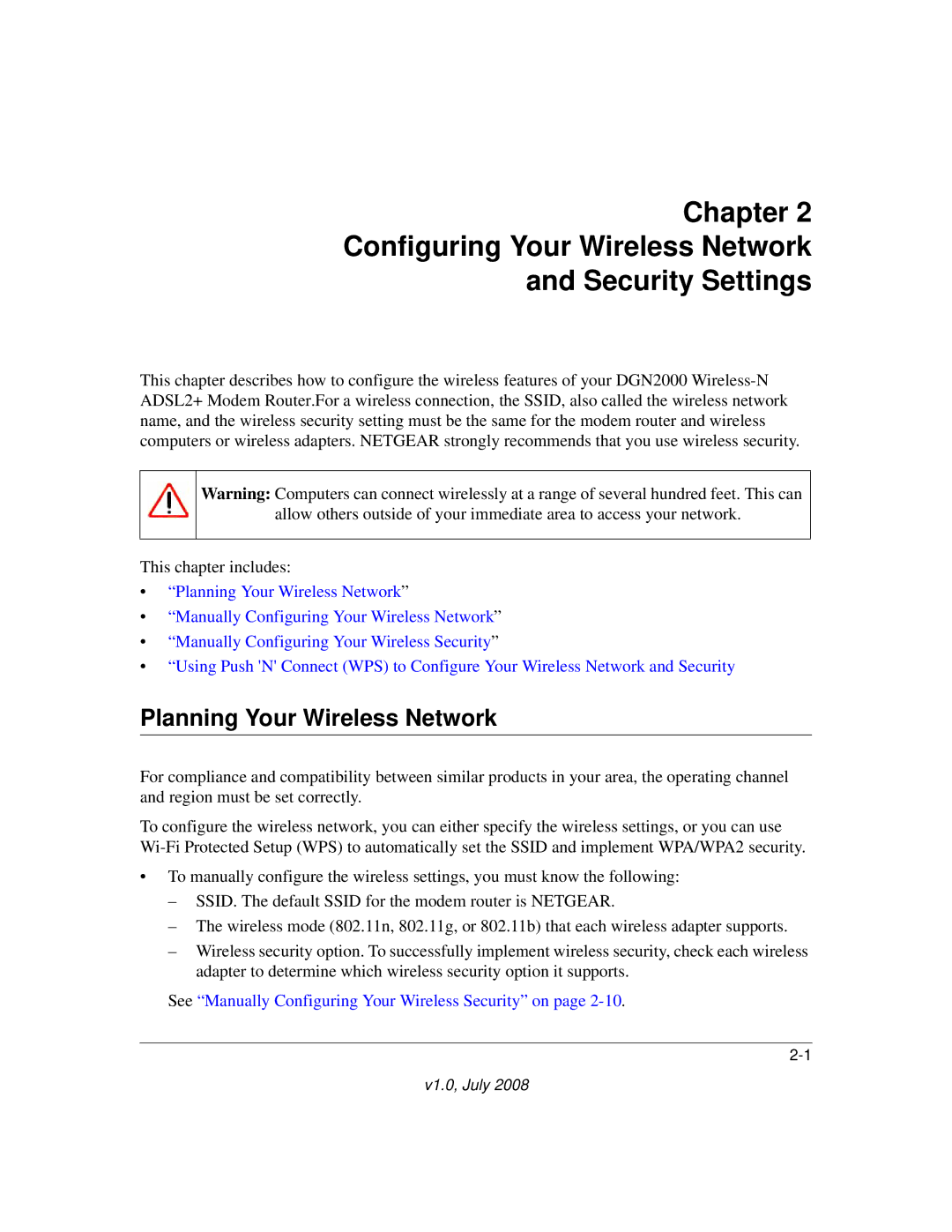 NETGEAR DGN2000 manual Chapter Configuring Your Wireless Network Security Settings, Planning Your Wireless Network 