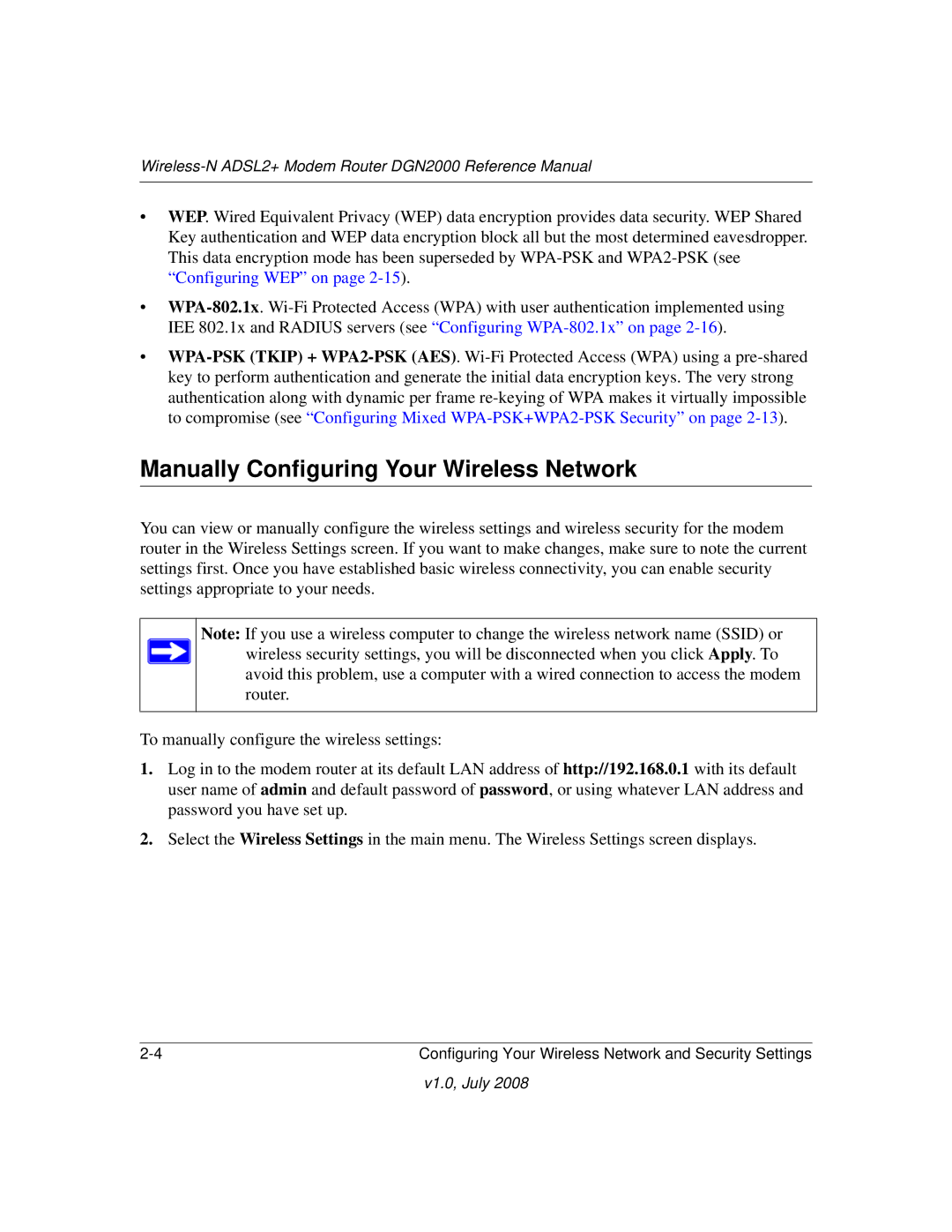 NETGEAR DGN2000 manual Manually Configuring Your Wireless Network 