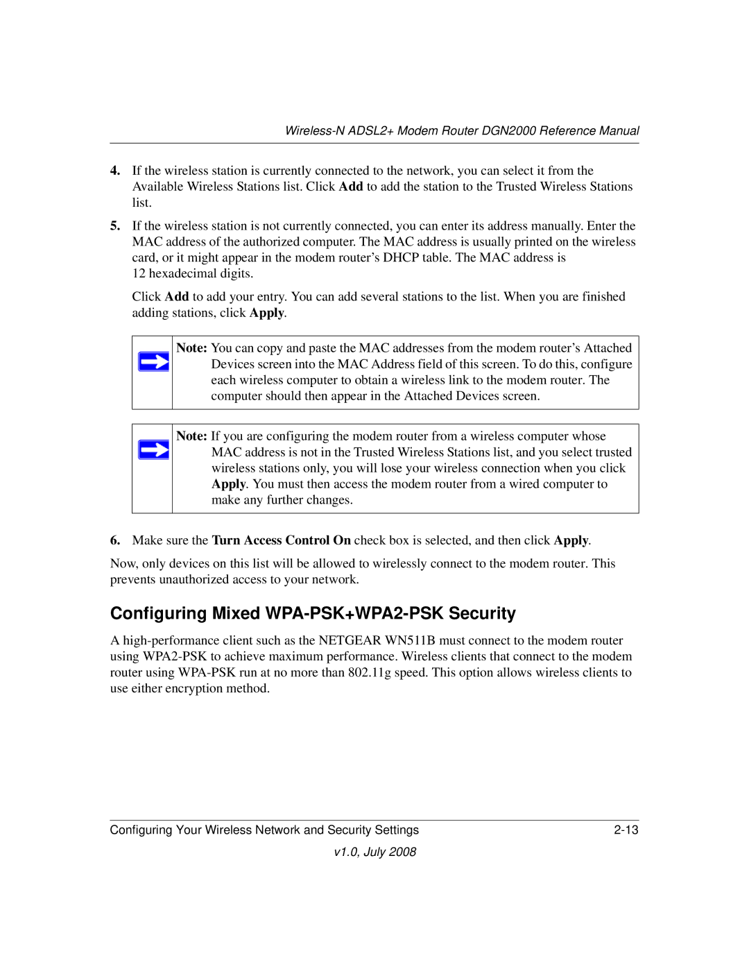 NETGEAR DGN2000 manual Configuring Mixed WPA-PSK+WPA2-PSK Security 