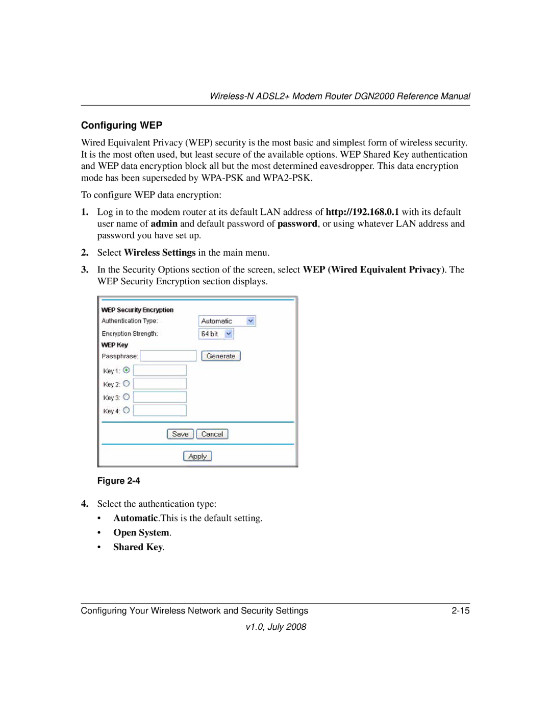 NETGEAR DGN2000 manual Configuring WEP, Open System Shared Key 