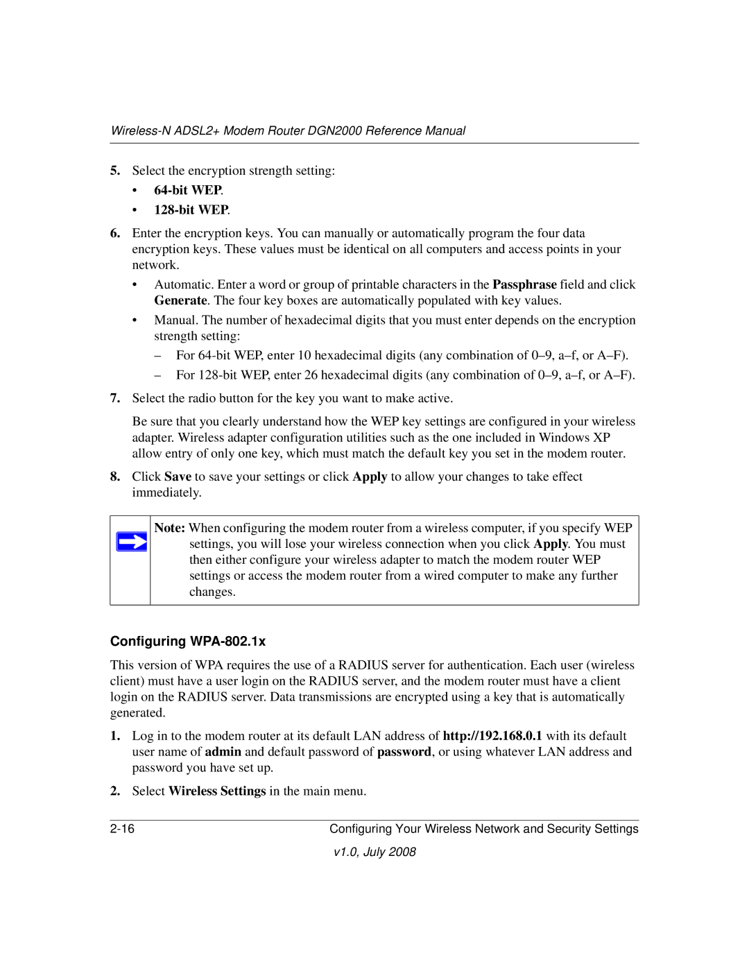 NETGEAR DGN2000 manual Bit WEP, Configuring WPA-802.1x 