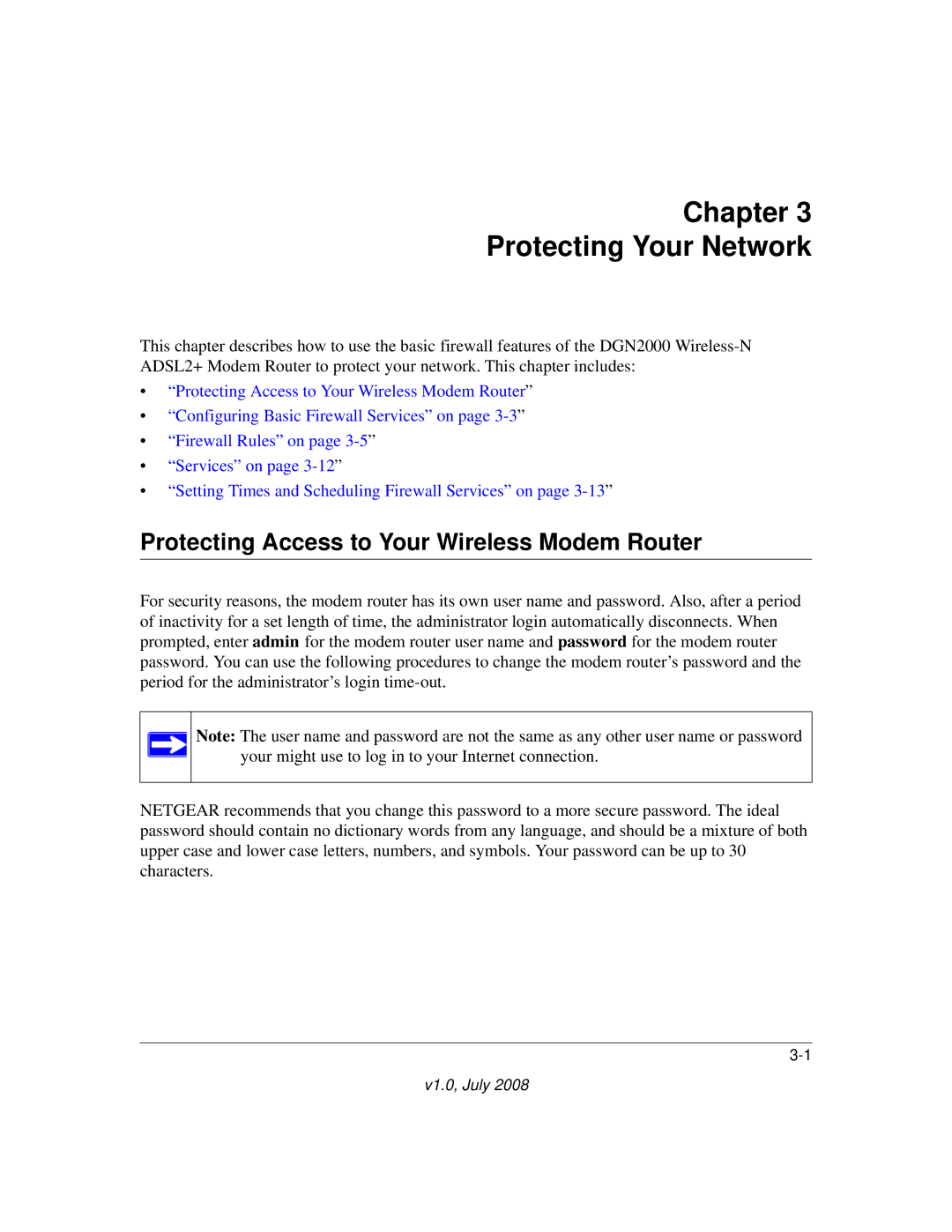 NETGEAR DGN2000 manual Chapter Protecting Your Network, Protecting Access to Your Wireless Modem Router 