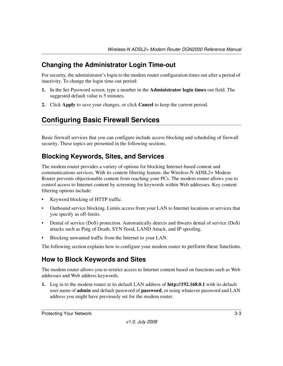 NETGEAR DGN2000 manual Configuring Basic Firewall Services, Changing the Administrator Login Time-out 
