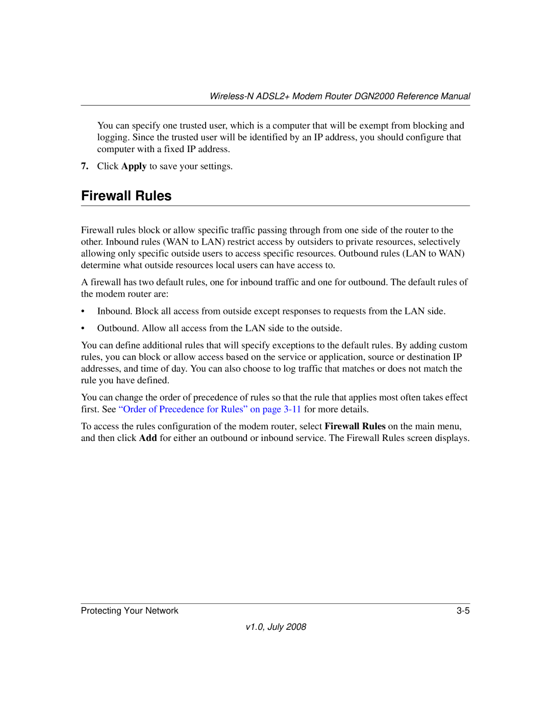 NETGEAR DGN2000 manual Firewall Rules 