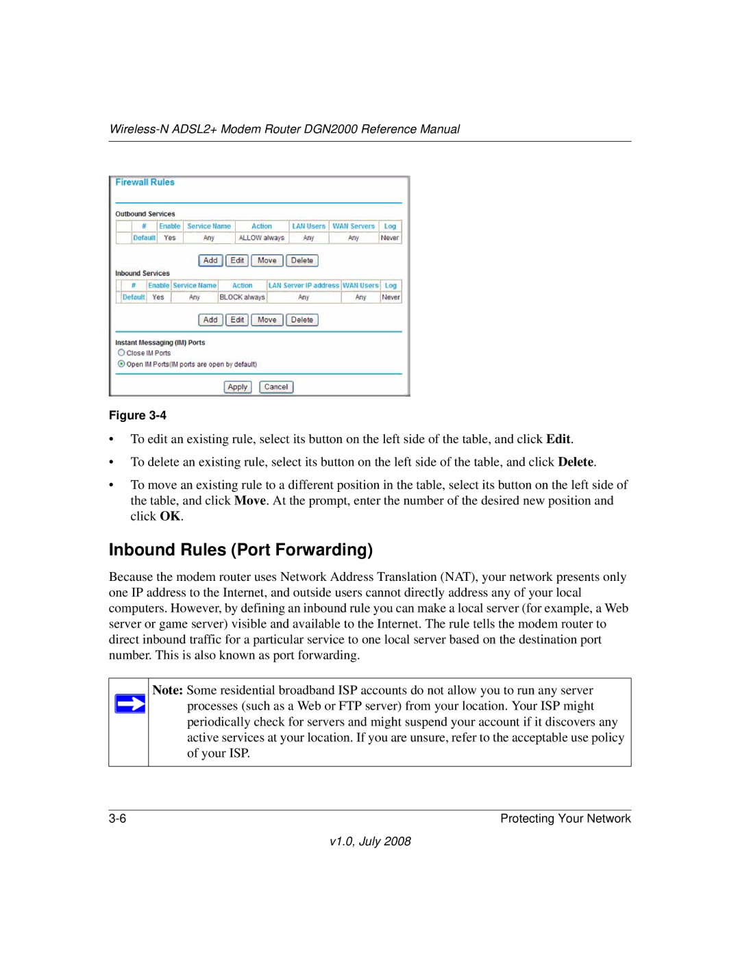 NETGEAR DGN2000 manual Inbound Rules Port Forwarding 