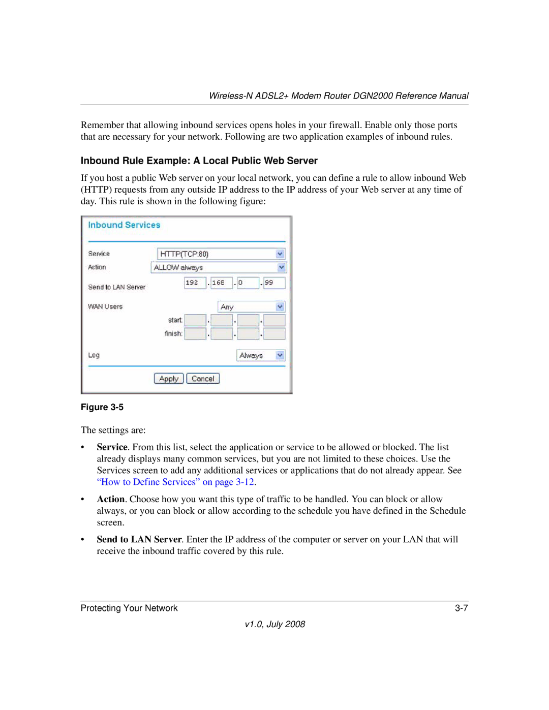 NETGEAR DGN2000 manual Inbound Rule Example a Local Public Web Server 