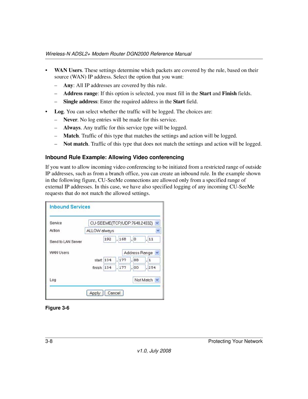 NETGEAR DGN2000 manual Inbound Rule Example Allowing Video conferencing 