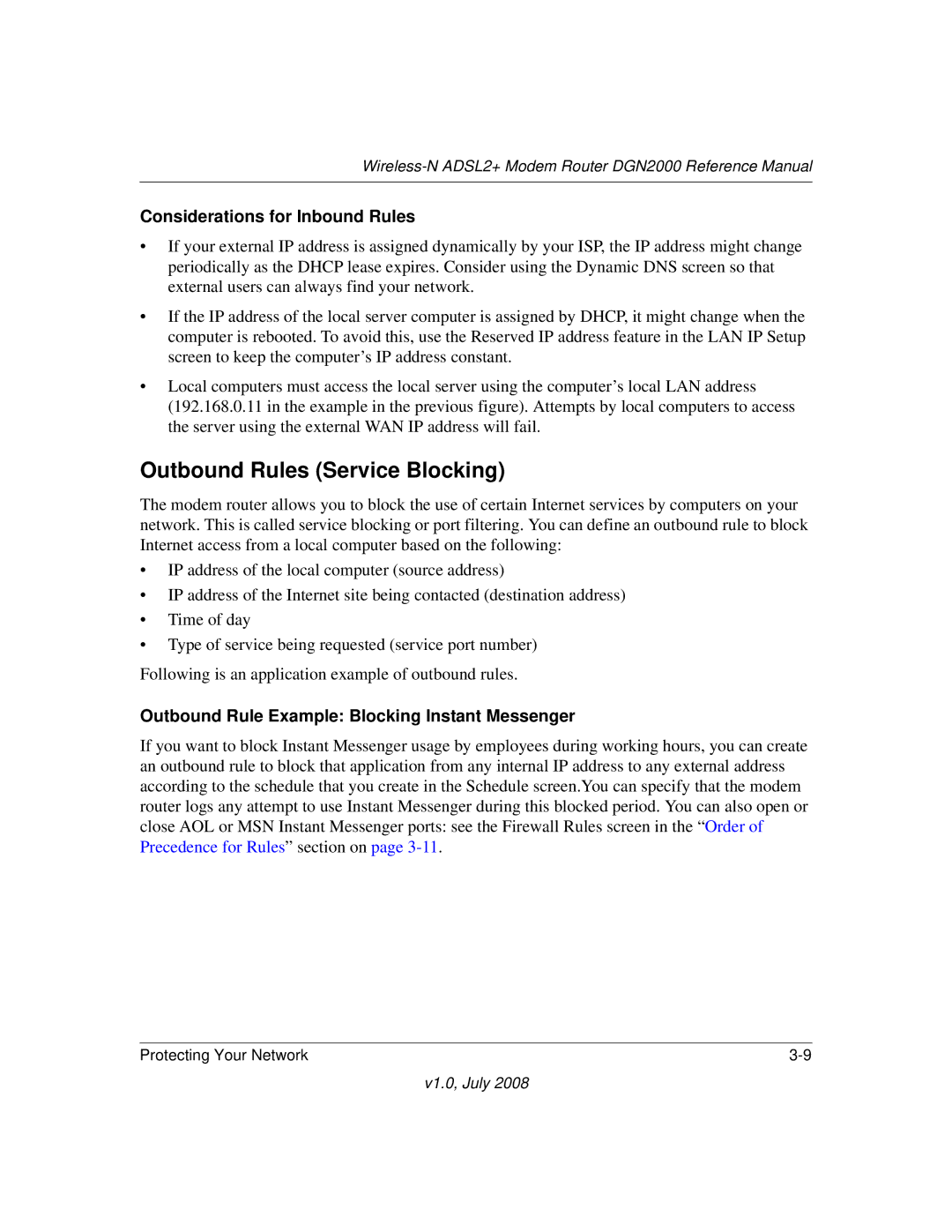 NETGEAR DGN2000 manual Outbound Rules Service Blocking, Considerations for Inbound Rules 