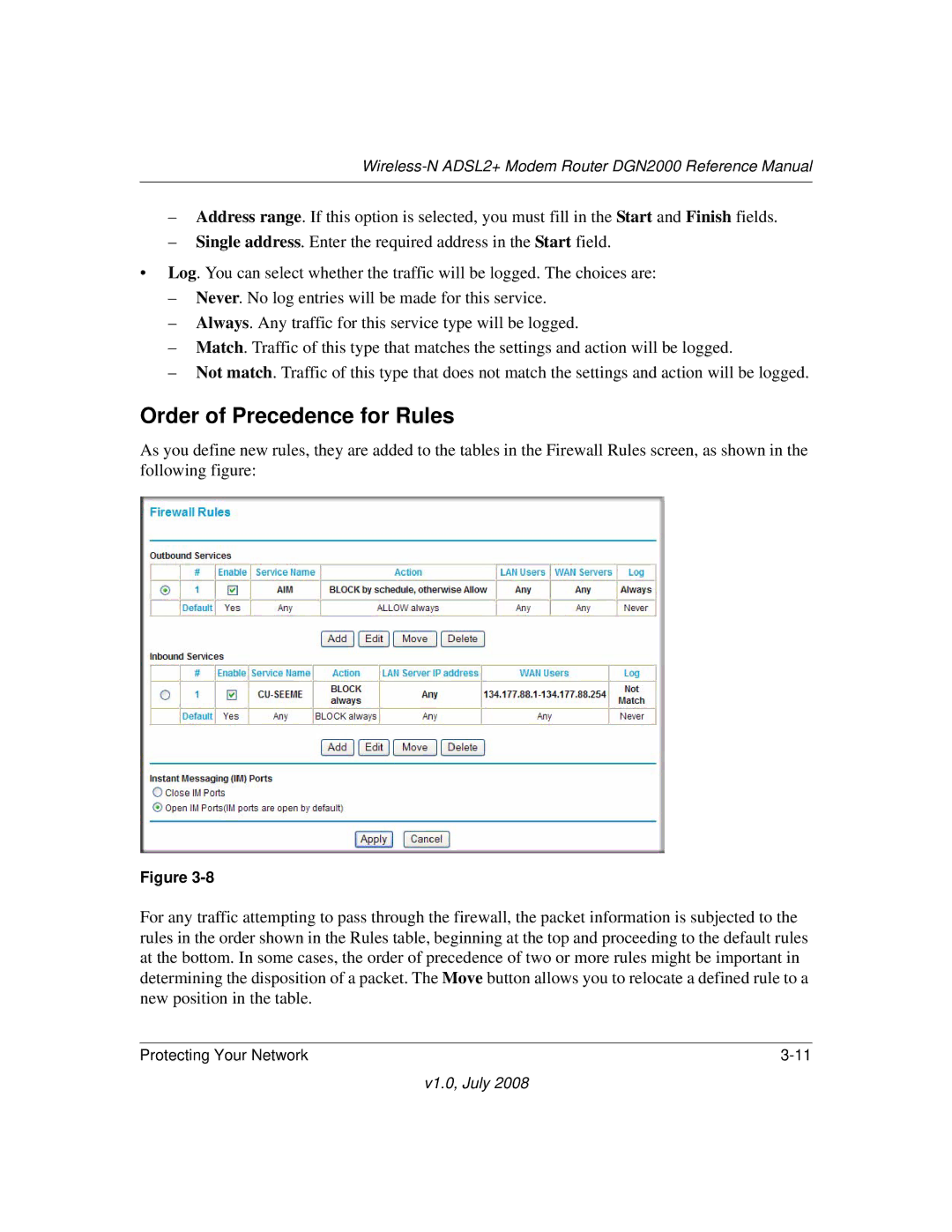 NETGEAR DGN2000 manual Order of Precedence for Rules 