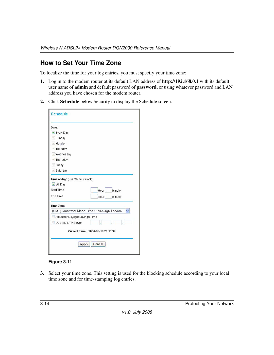 NETGEAR DGN2000 manual How to Set Your Time Zone 