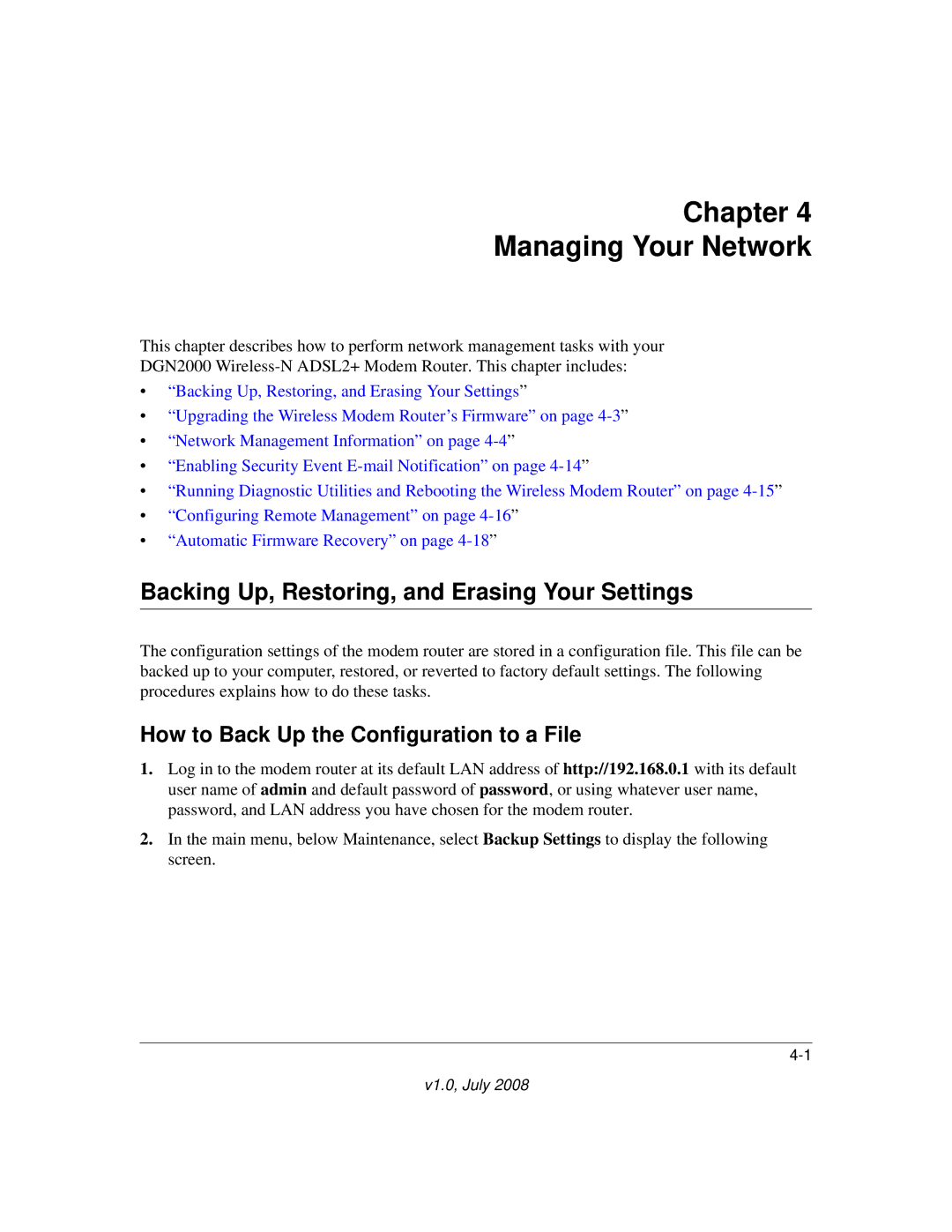 NETGEAR DGN2000 manual Chapter Managing Your Network, Backing Up, Restoring, and Erasing Your Settings 