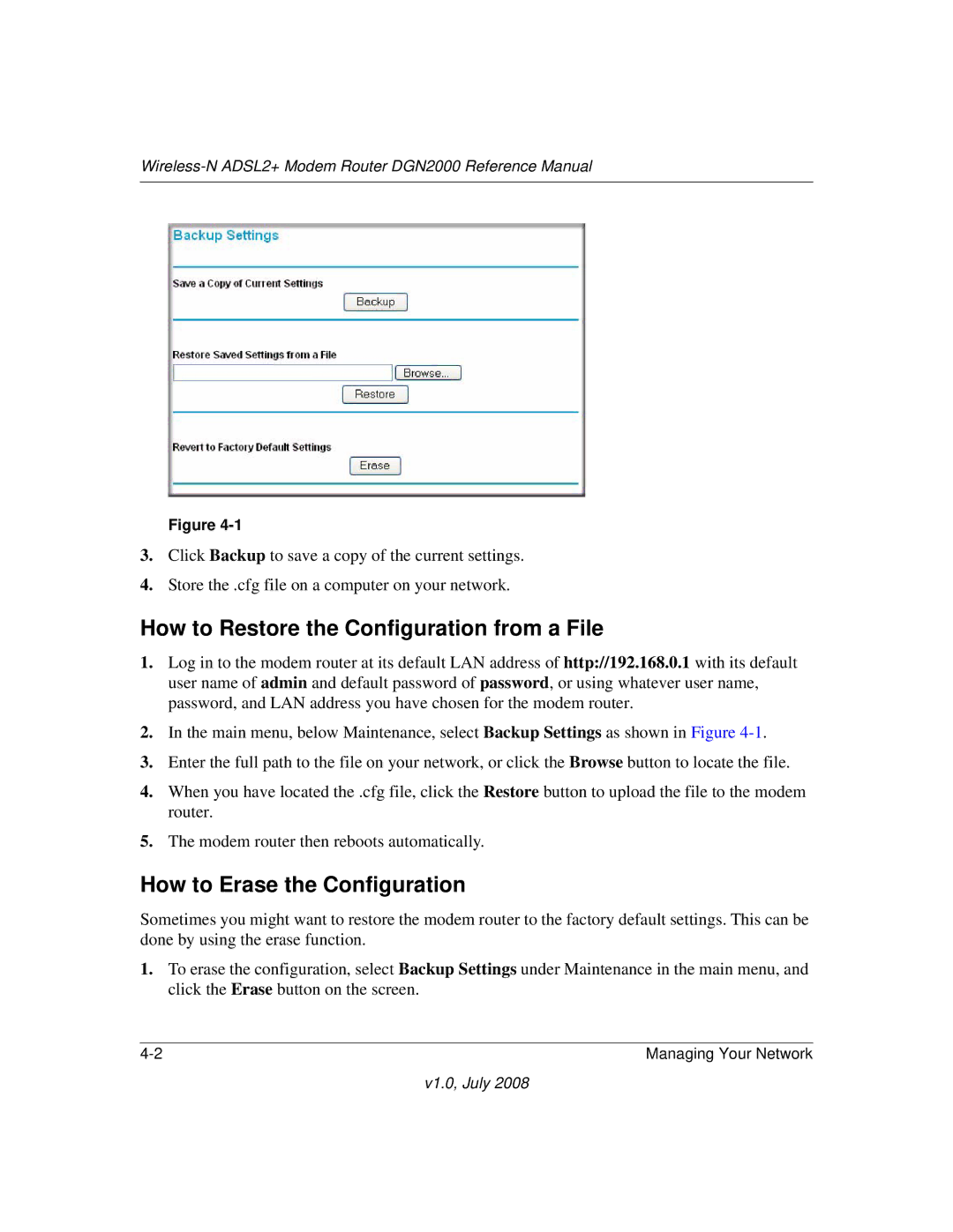 NETGEAR DGN2000 manual How to Restore the Configuration from a File, How to Erase the Configuration 