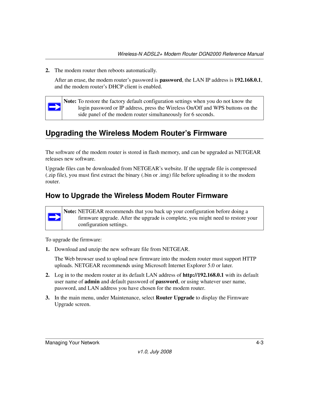 NETGEAR DGN2000 manual Upgrading the Wireless Modem Router’s Firmware, How to Upgrade the Wireless Modem Router Firmware 