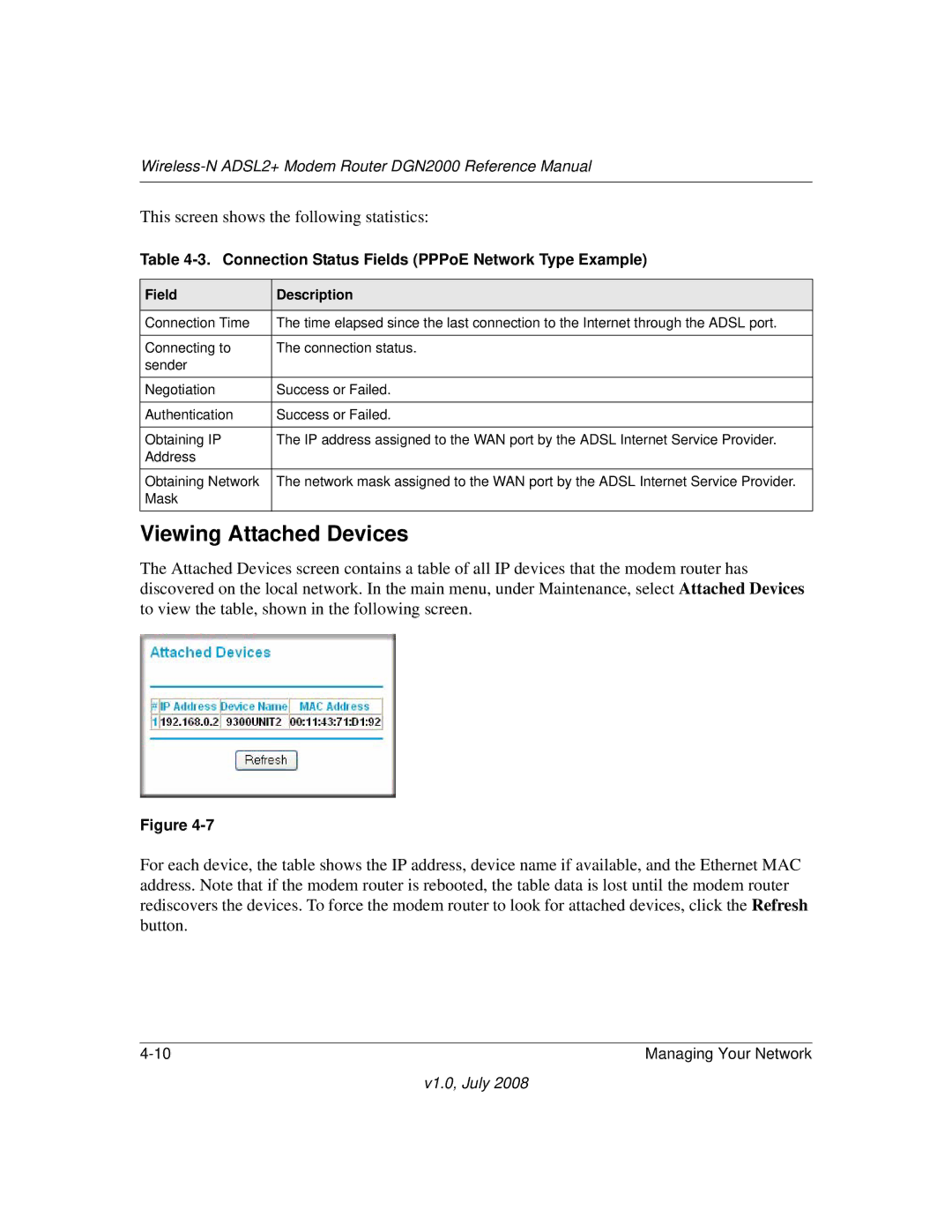 NETGEAR DGN2000 manual Viewing Attached Devices, Connection Status Fields PPPoE Network Type Example 