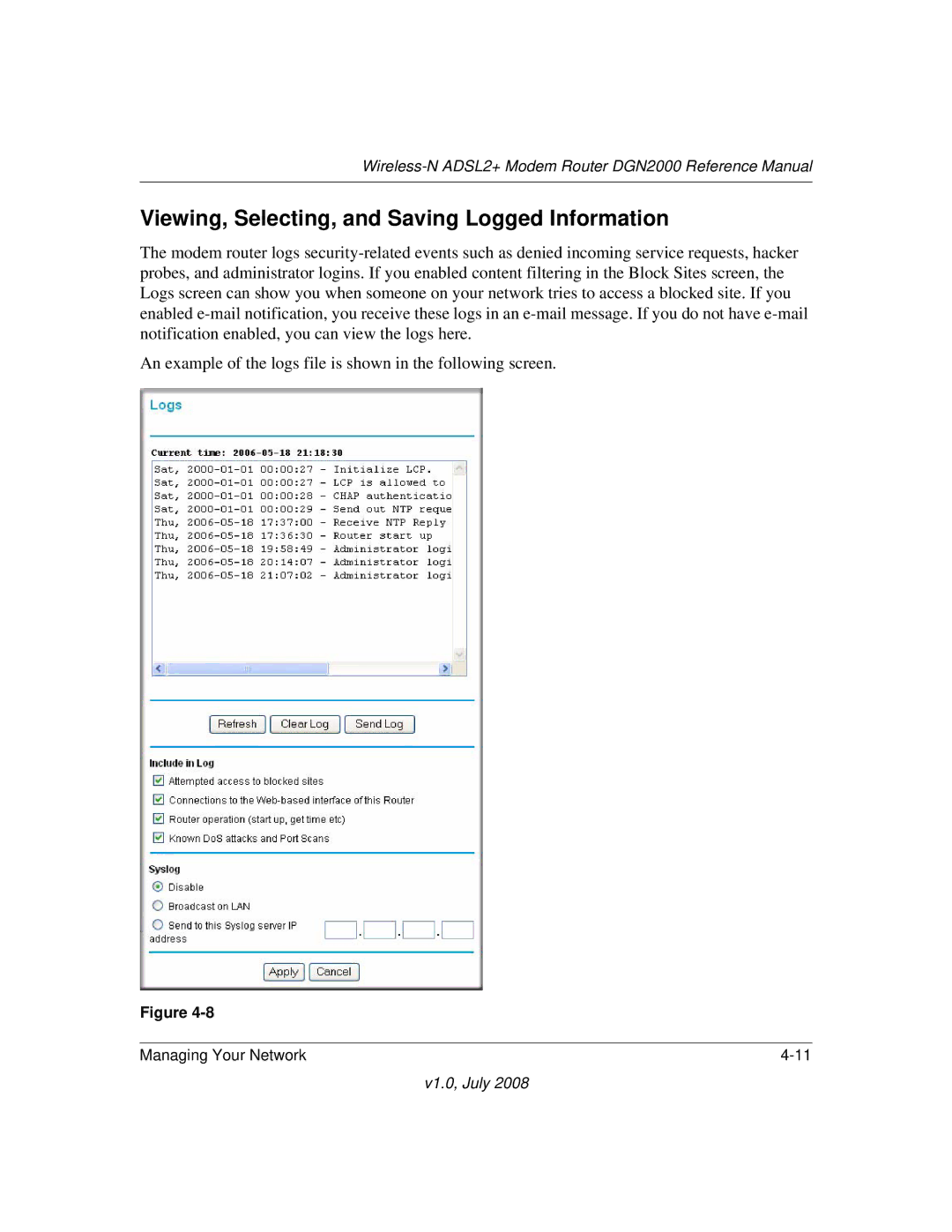 NETGEAR DGN2000 manual Viewing, Selecting, and Saving Logged Information 