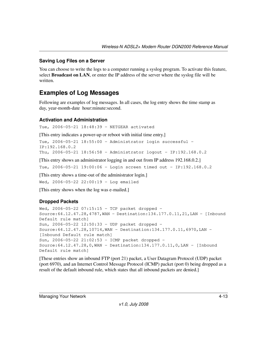 NETGEAR DGN2000 Examples of Log Messages, Saving Log Files on a Server, Activation and Administration, Dropped Packets 