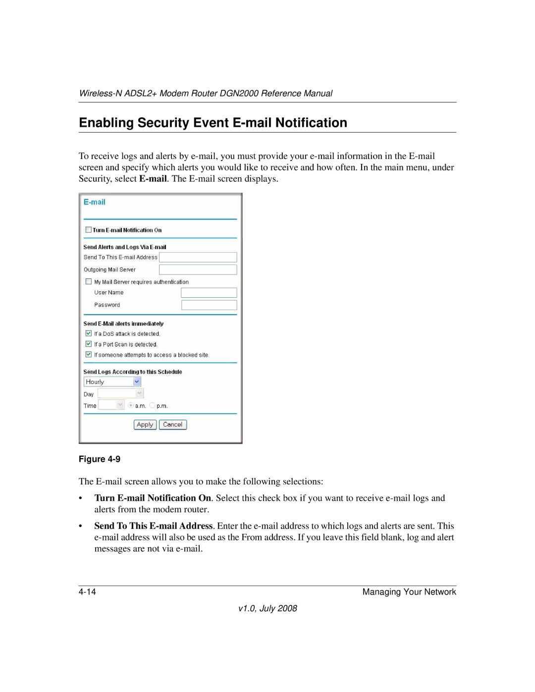 NETGEAR DGN2000 manual Enabling Security Event E-mail Notification 