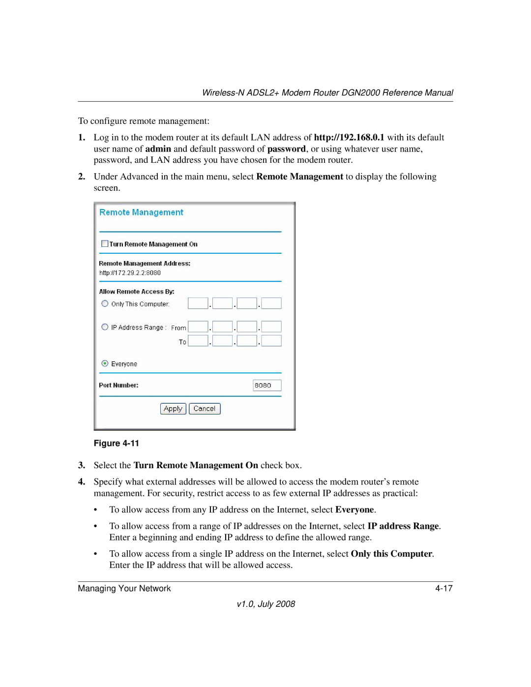 NETGEAR DGN2000 manual Select the Turn Remote Management On check box 