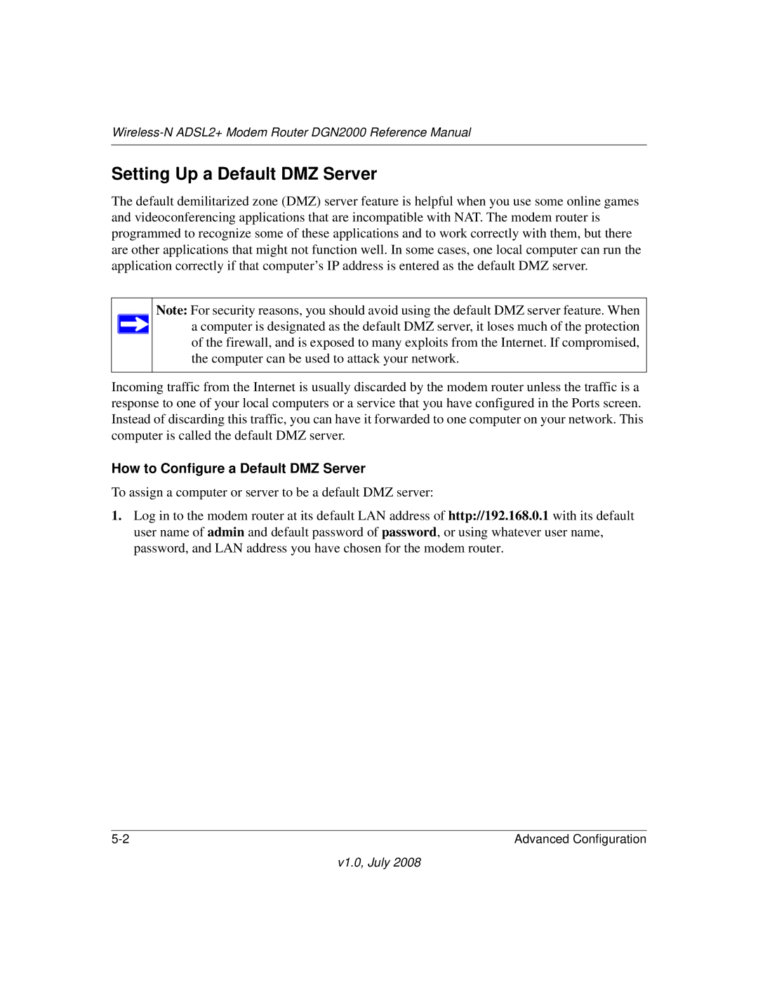 NETGEAR DGN2000 manual Setting Up a Default DMZ Server, How to Configure a Default DMZ Server 