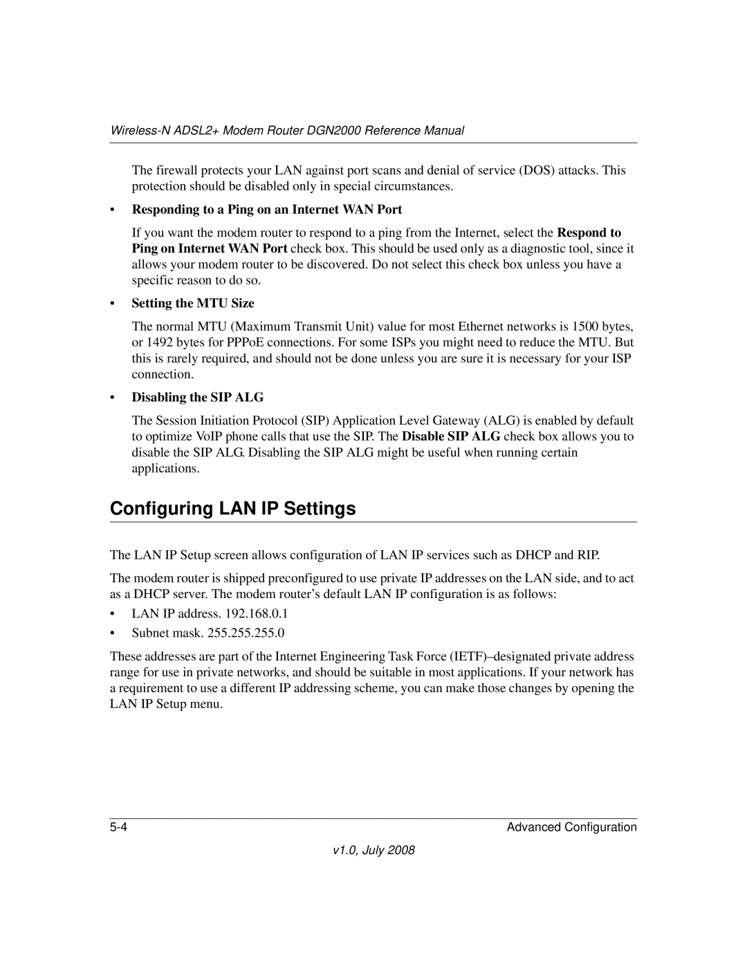 NETGEAR DGN2000 manual Configuring LAN IP Settings, Responding to a Ping on an Internet WAN Port 