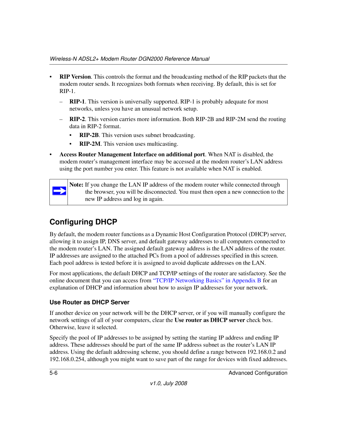 NETGEAR DGN2000 manual Configuring Dhcp, Use Router as Dhcp Server 