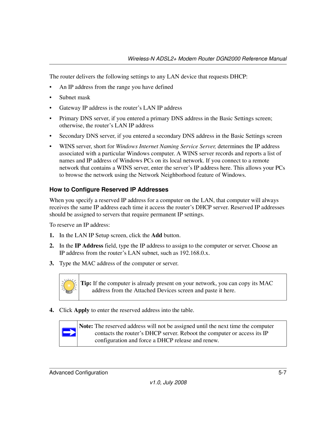 NETGEAR DGN2000 manual How to Configure Reserved IP Addresses 