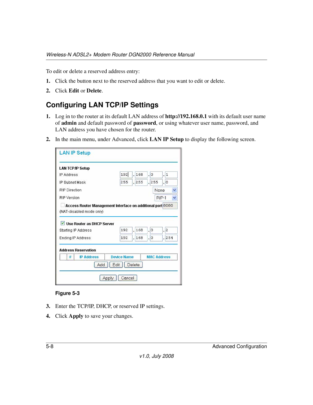 NETGEAR DGN2000 manual Configuring LAN TCP/IP Settings 