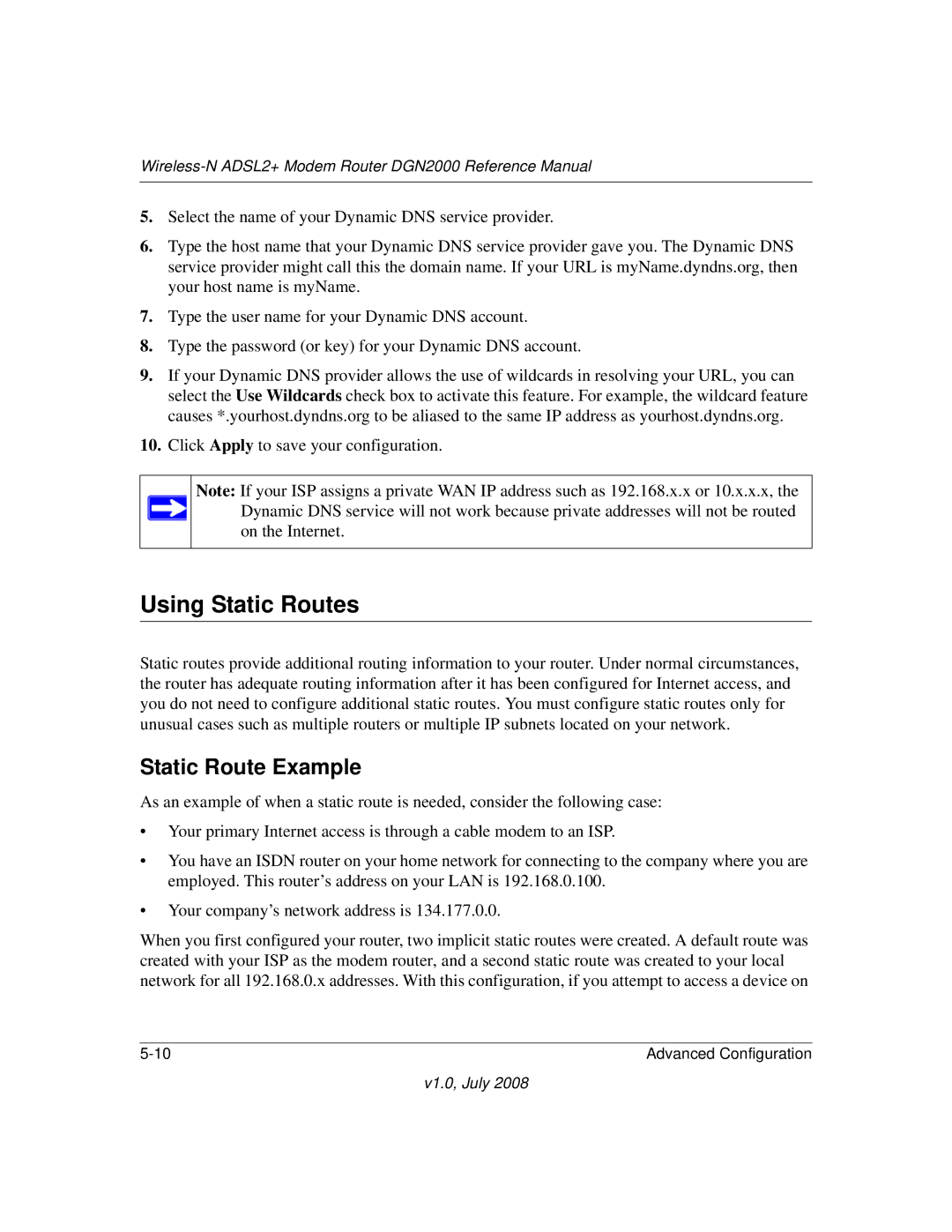 NETGEAR DGN2000 manual Using Static Routes, Static Route Example 