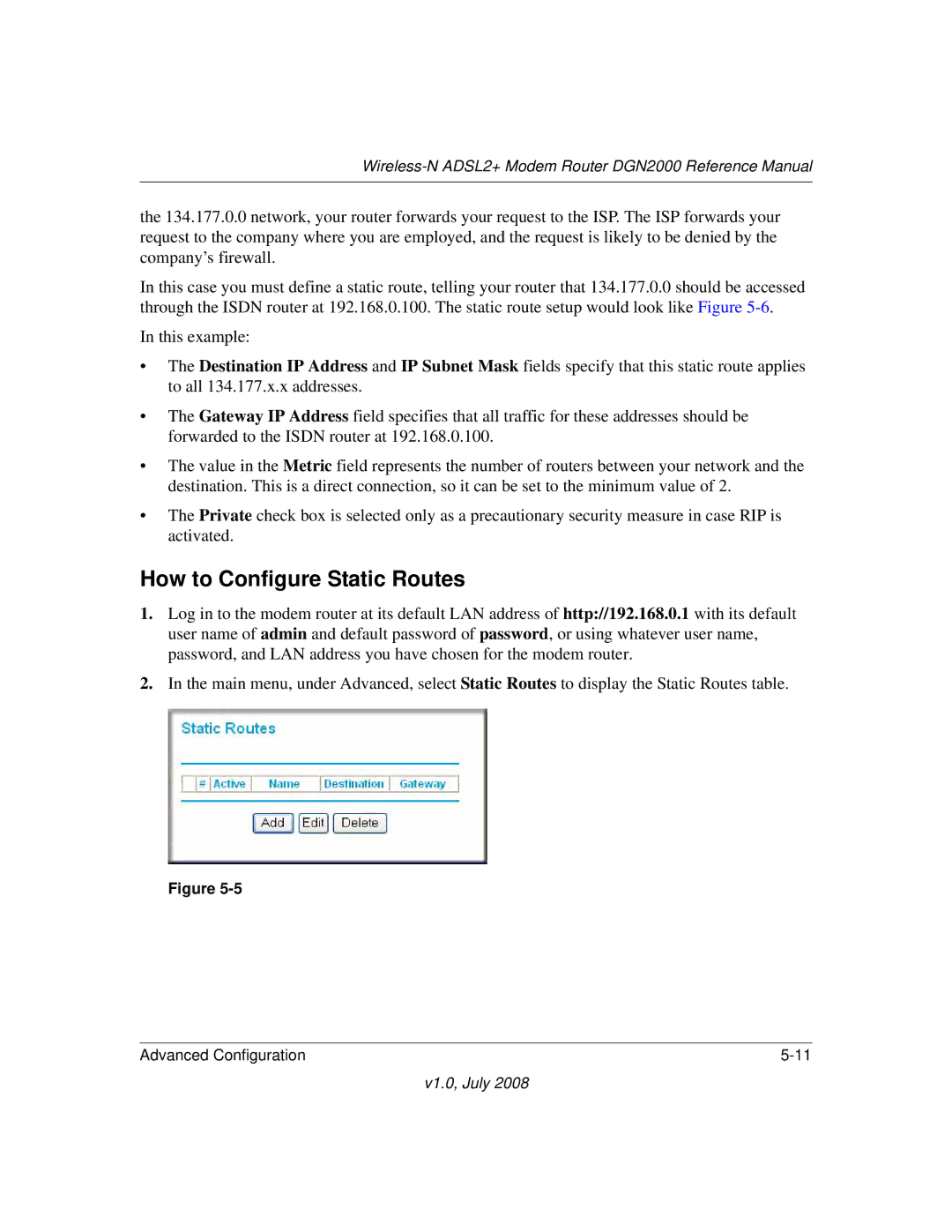 NETGEAR DGN2000 manual How to Configure Static Routes 