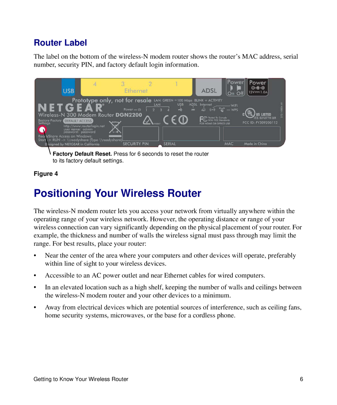 NETGEAR DGN2200 manual Positioning Your Wireless Router, Router Label 