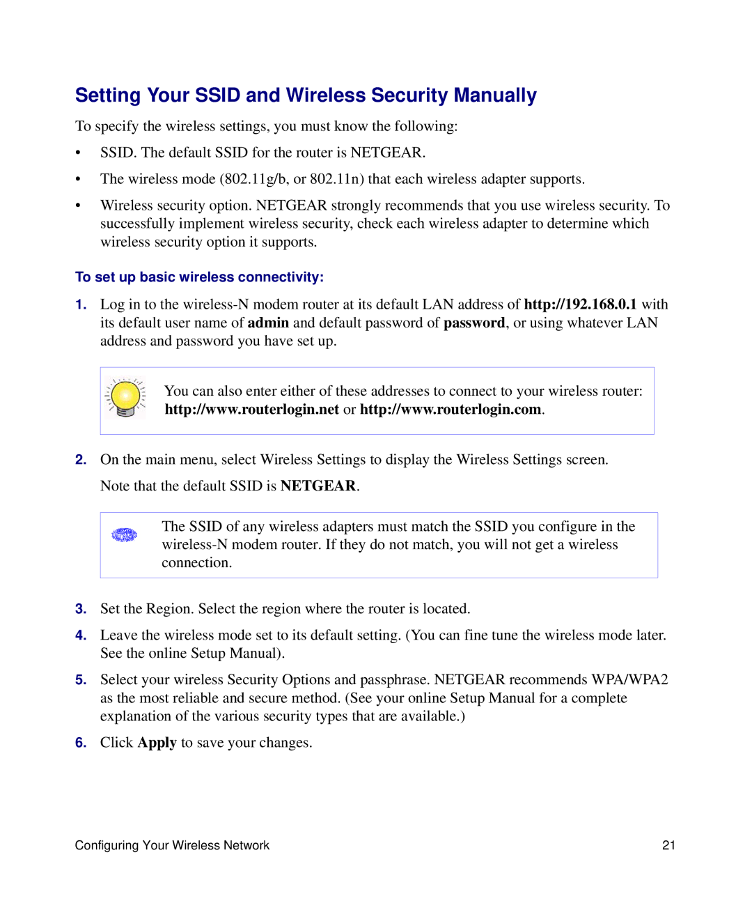 NETGEAR DGN2200 manual Setting Your Ssid and Wireless Security Manually 