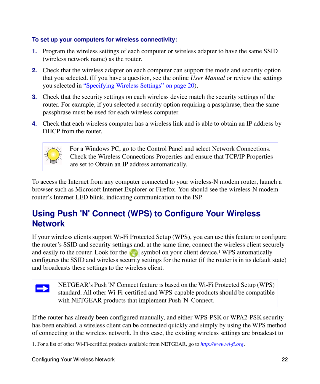 NETGEAR DGN2200 manual Using Push N Connect WPS to Configure Your Wireless Network 