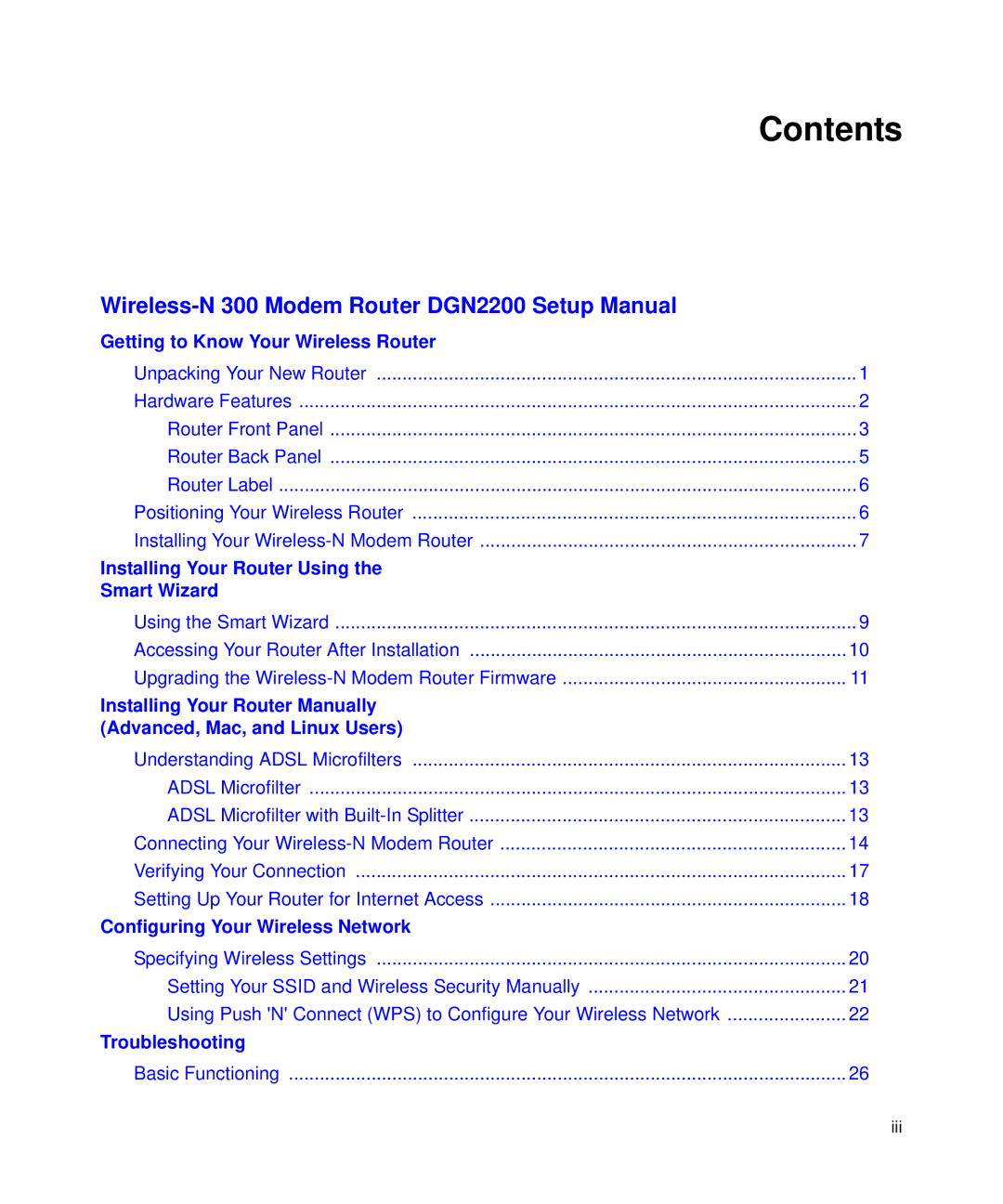 NETGEAR DGN2200 manual Contents 