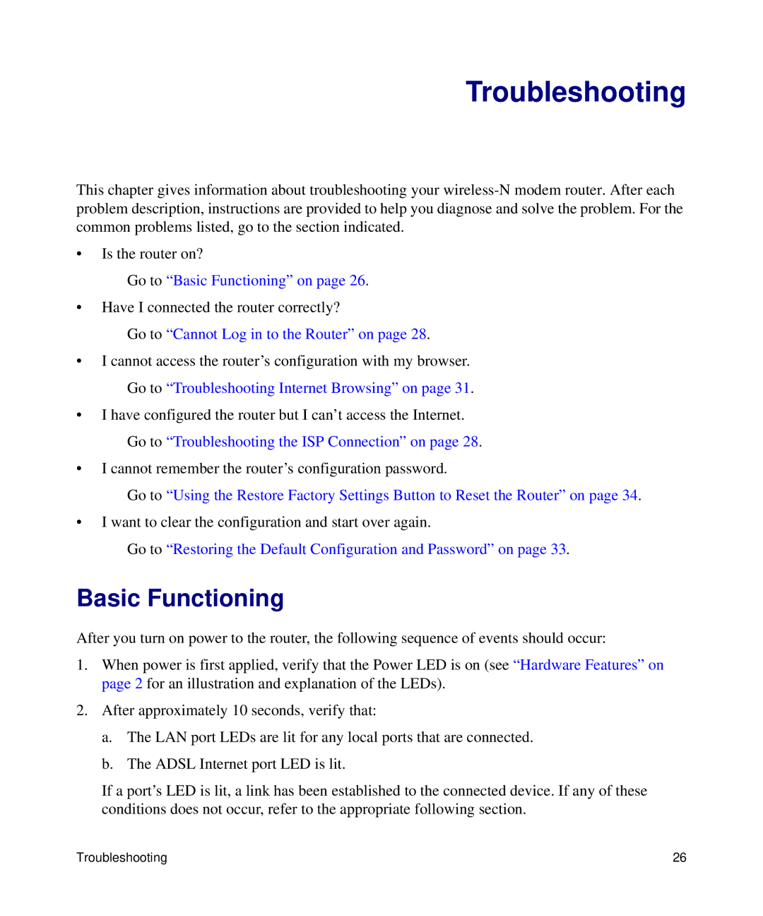 NETGEAR DGN2200 manual Troubleshooting, Basic Functioning 