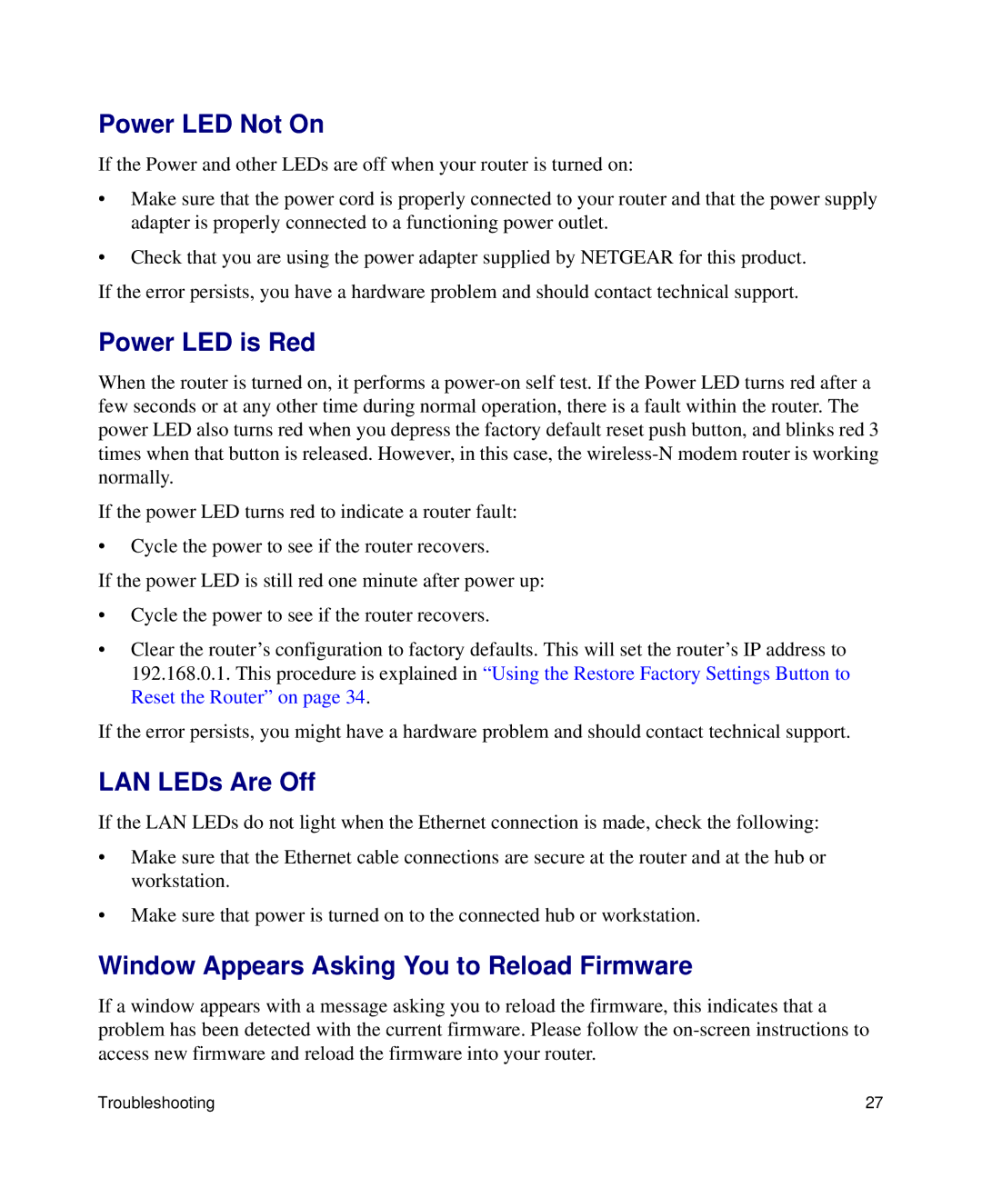 NETGEAR DGN2200 manual Power LED Not On, Power LED is Red, LAN LEDs Are Off, Window Appears Asking You to Reload Firmware 