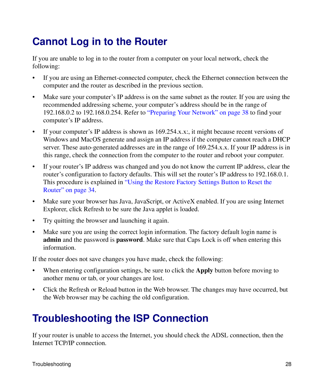 NETGEAR DGN2200 manual Cannot Log in to the Router, Troubleshooting the ISP Connection 