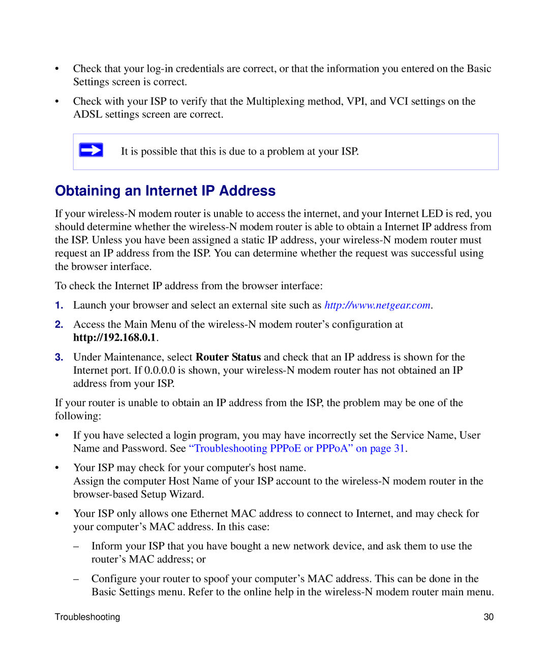 NETGEAR DGN2200 manual Obtaining an Internet IP Address 