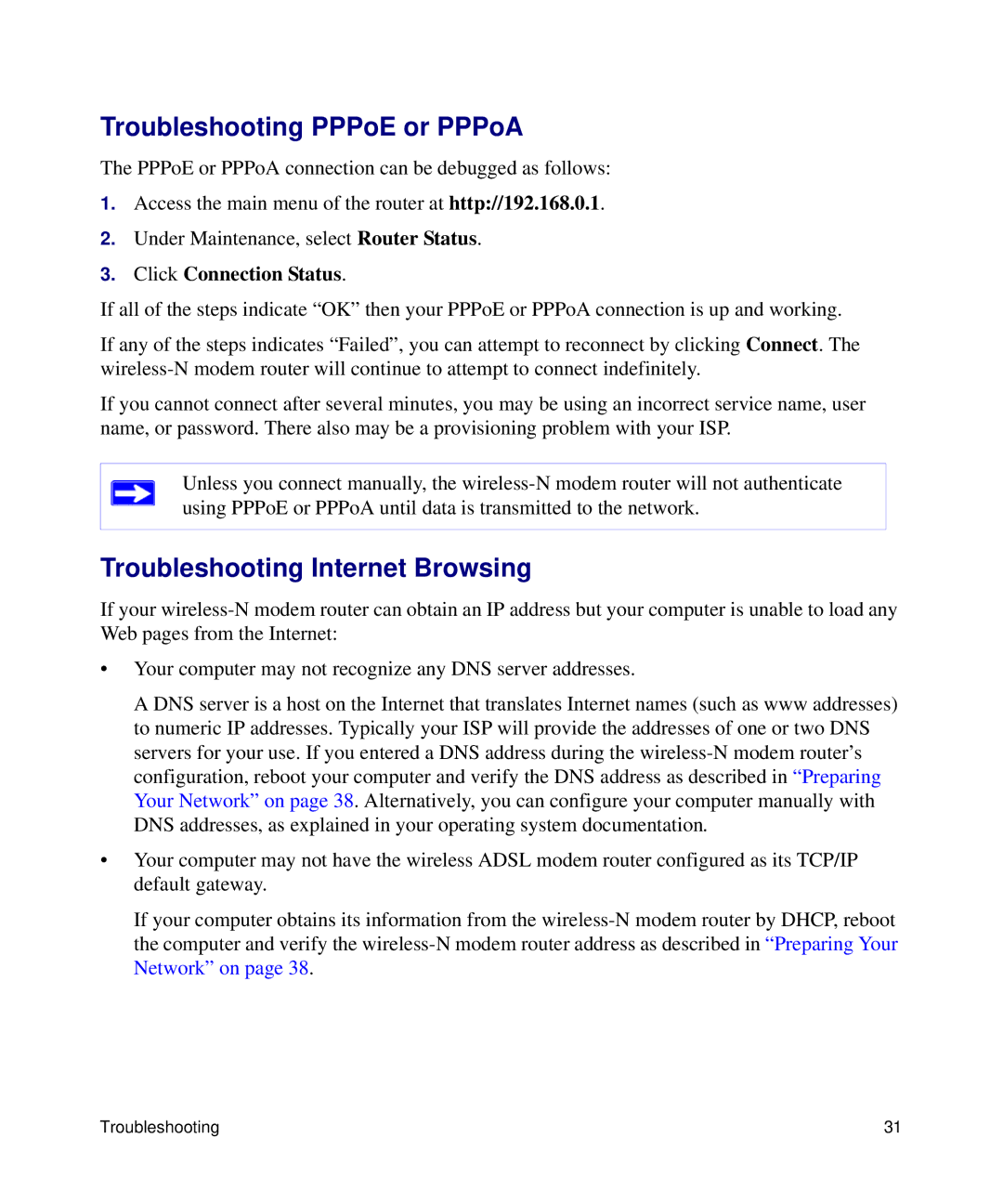 NETGEAR DGN2200 manual Troubleshooting PPPoE or PPPoA, Troubleshooting Internet Browsing 