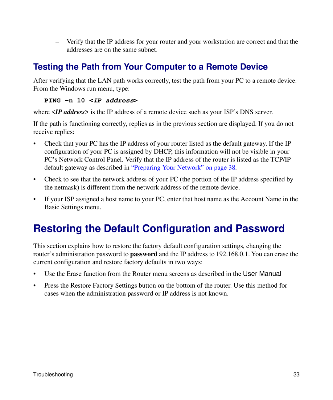 NETGEAR DGN2200 Restoring the Default Configuration and Password, Testing the Path from Your Computer to a Remote Device 