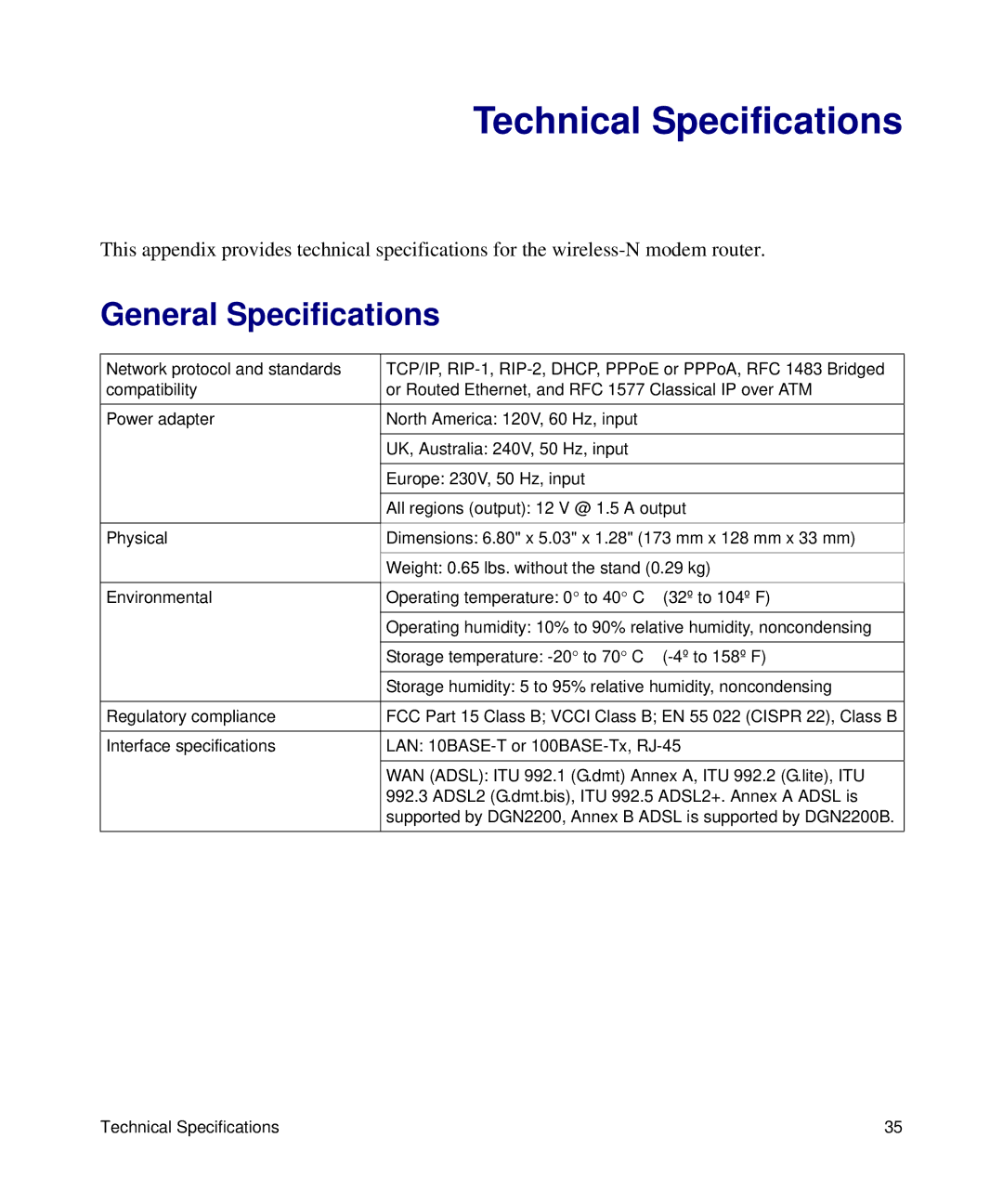 NETGEAR DGN2200 manual Technical Specifications, General Specifications 