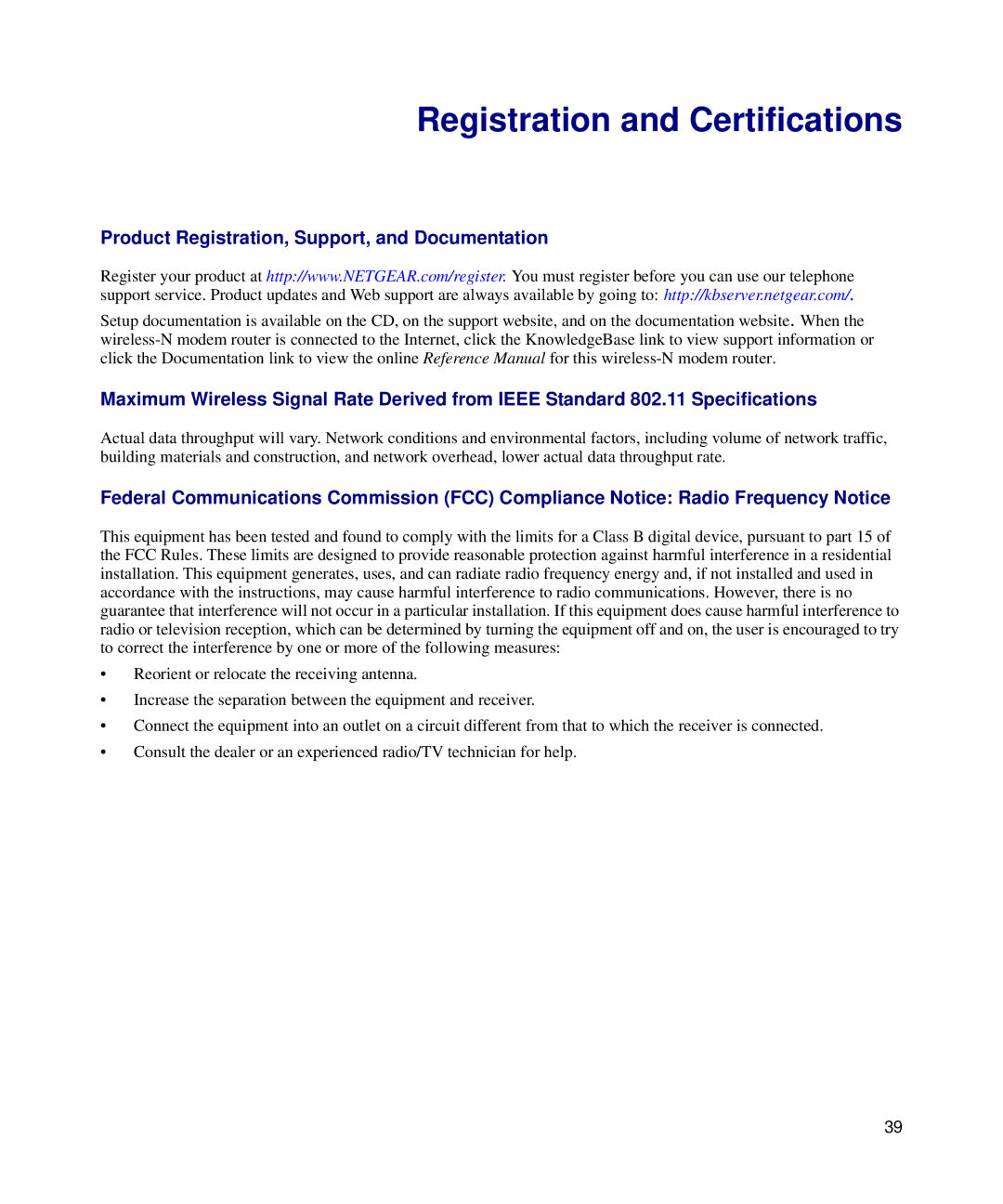 NETGEAR DGN2200 manual Registration and Certifications 