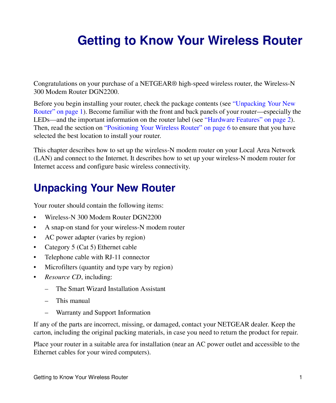 NETGEAR DGN2200 manual Getting to Know Your Wireless Router, Unpacking Your New Router 