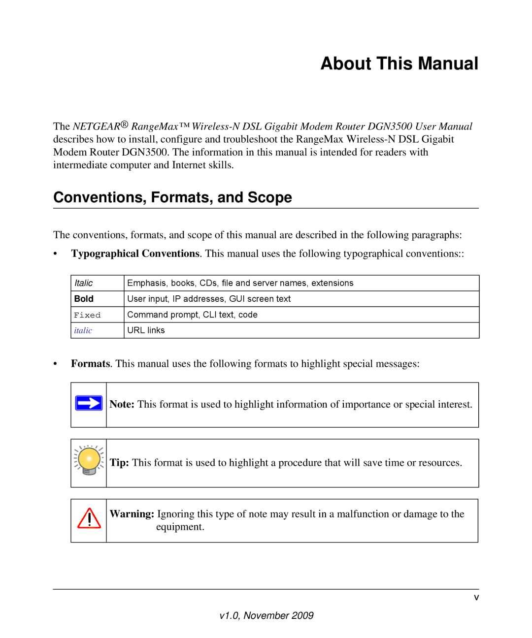 NETGEAR DGN3500-100NAS user manual About This Manual, Conventions, Formats, and Scope 