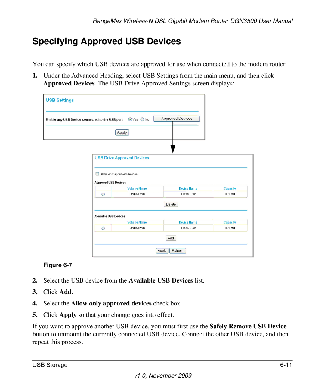 NETGEAR DGN3500-100NAS user manual Specifying Approved USB Devices, Select the Allow only approved devices check box 